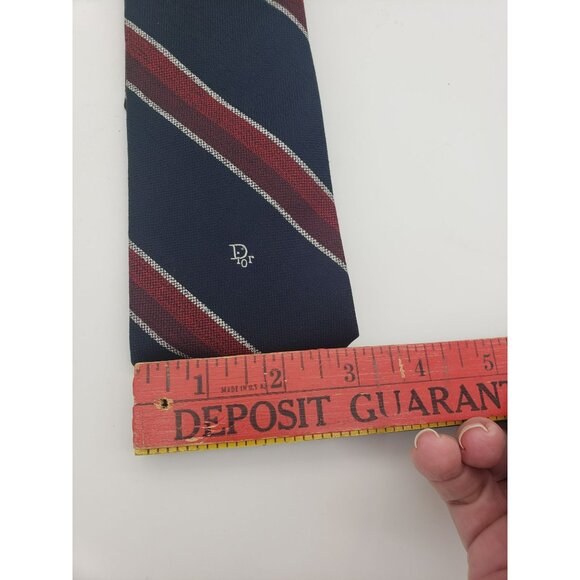 Vintage Christian Dior Necktie, Black Red Gray Diagonal Stripe, Lt Gray Logo - Picture 2 of 4
